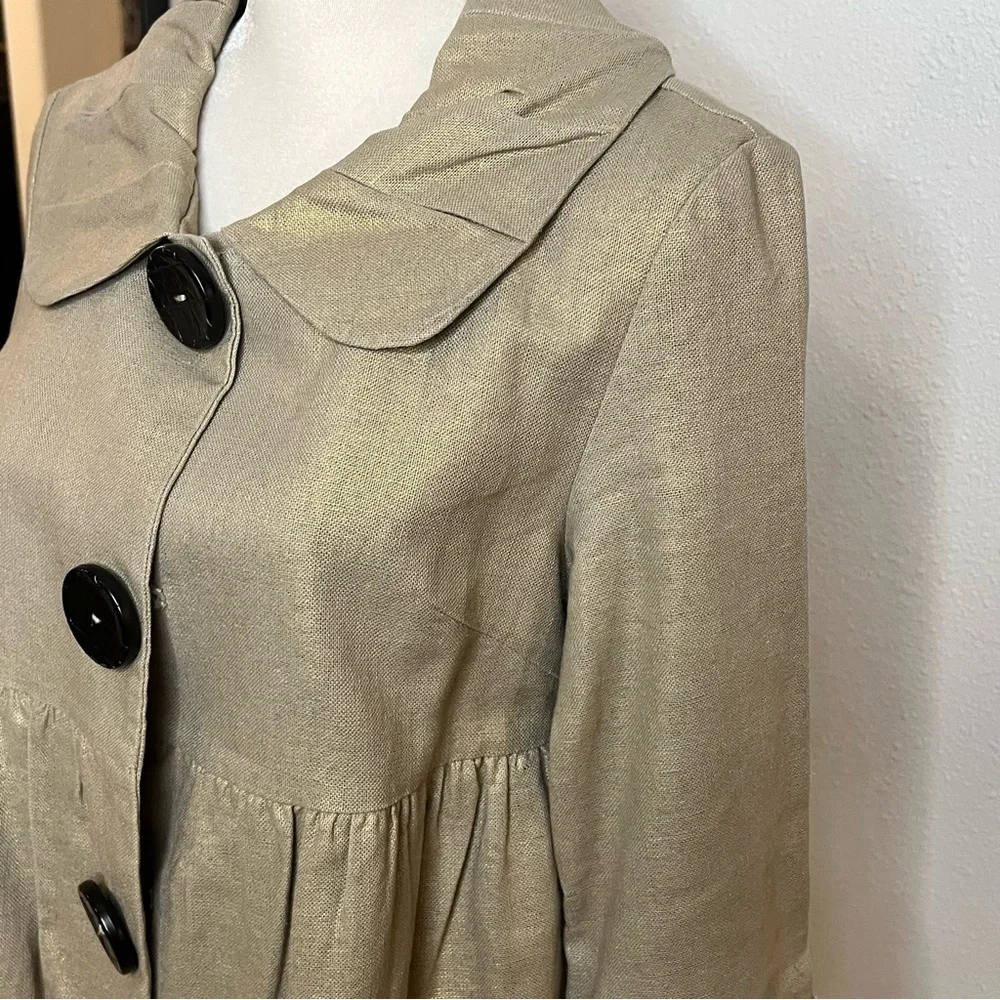 Kenzie Gold Metallic Light Weight Coat Big Buttons, Pleated Collar and Sleeves - Picture 6 of 11
